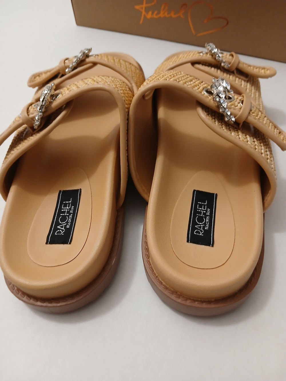 Rachel Roy  Tan Woven Slide Sandals with Crystal Buckles Multiples Sizes New $25 - Picture 10 of 10